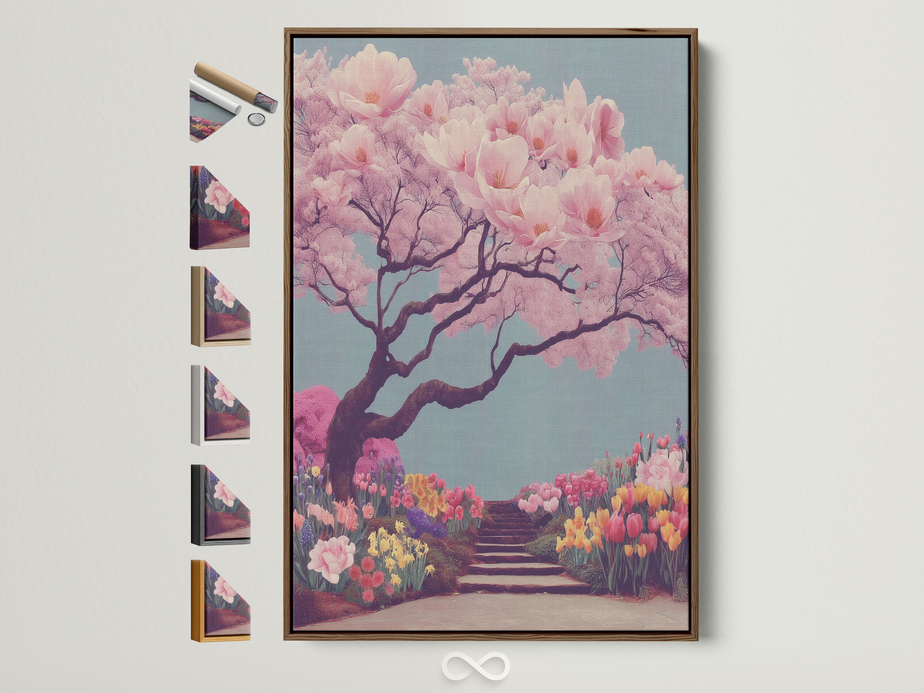 A cherry blossom tree art print framed in a brown frame. See all frame options available. This Japanese garden canvas print features pink sakura. It's perfect bedroom decor. The artwork complements minimalist modern or eclectic styles. It is great for Living Room Wall Art Bedroom Wall Decor or Office Wall Art.