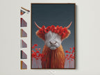 Explore frame options for the Highland Cow artwork. See the brown frame with all available frame styles displayed on the side. Find the perfect frame to complement your art. Elevate your rustic wall decor today