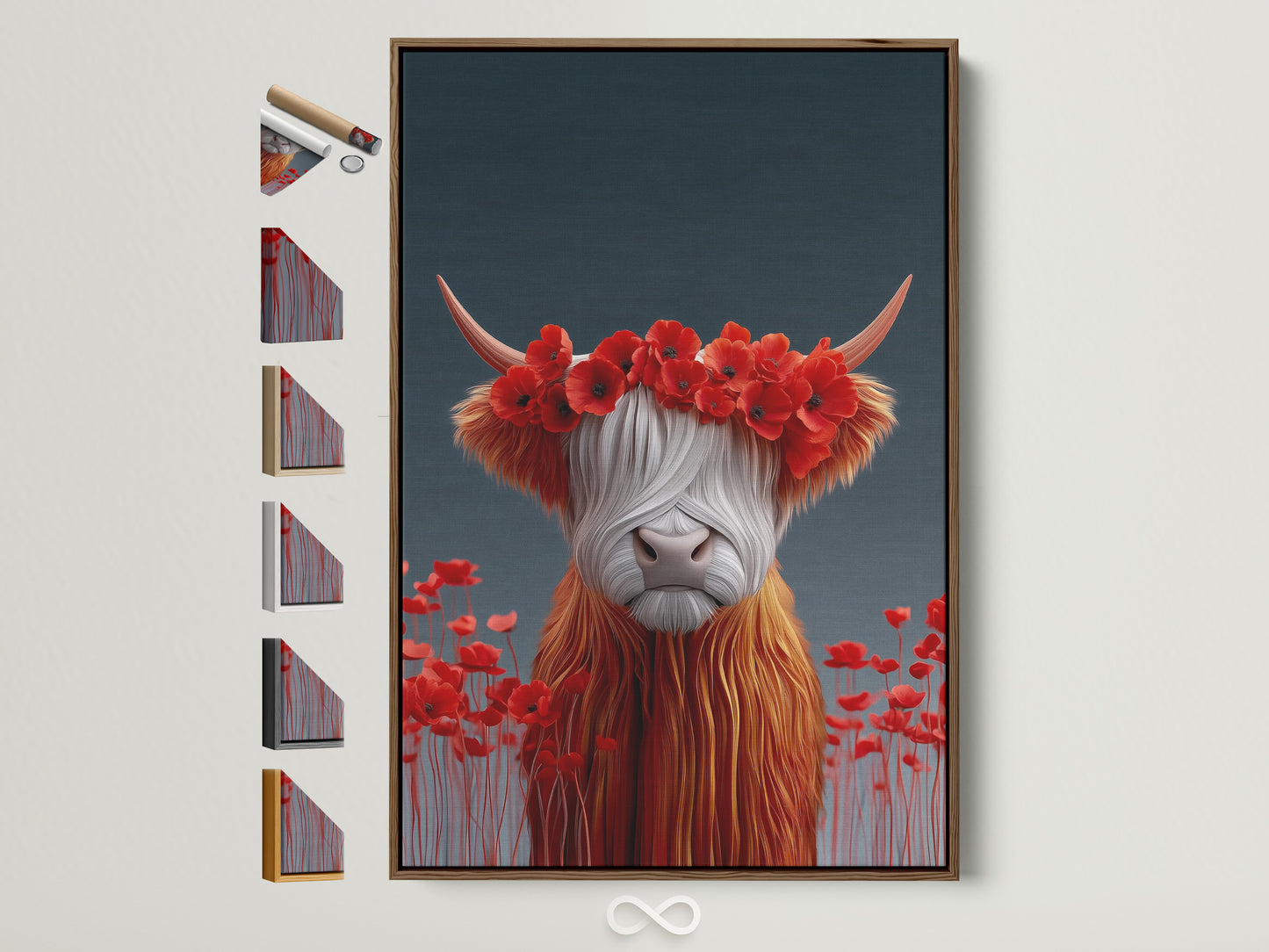 Explore frame options for the Highland Cow artwork. See the brown frame with all available frame styles displayed on the side. Find the perfect frame to complement your art. Elevate your rustic wall decor today