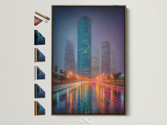 Explore framing options with this brown frame showcasing our teal and orange cityscape art. See all available frame styles. Perfect modern skyline artwork for office decor. Elevate your space today. The artwork complements minimalist urban or modern styles.