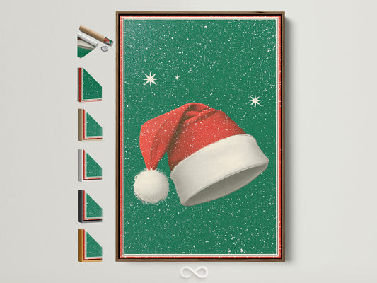 A festive artwork featuring a Santa hat against a green snowy background. The art is displayed in a brown frame. Explore framing options to perfectly complement your artwork. Frame options are displayed on the side.