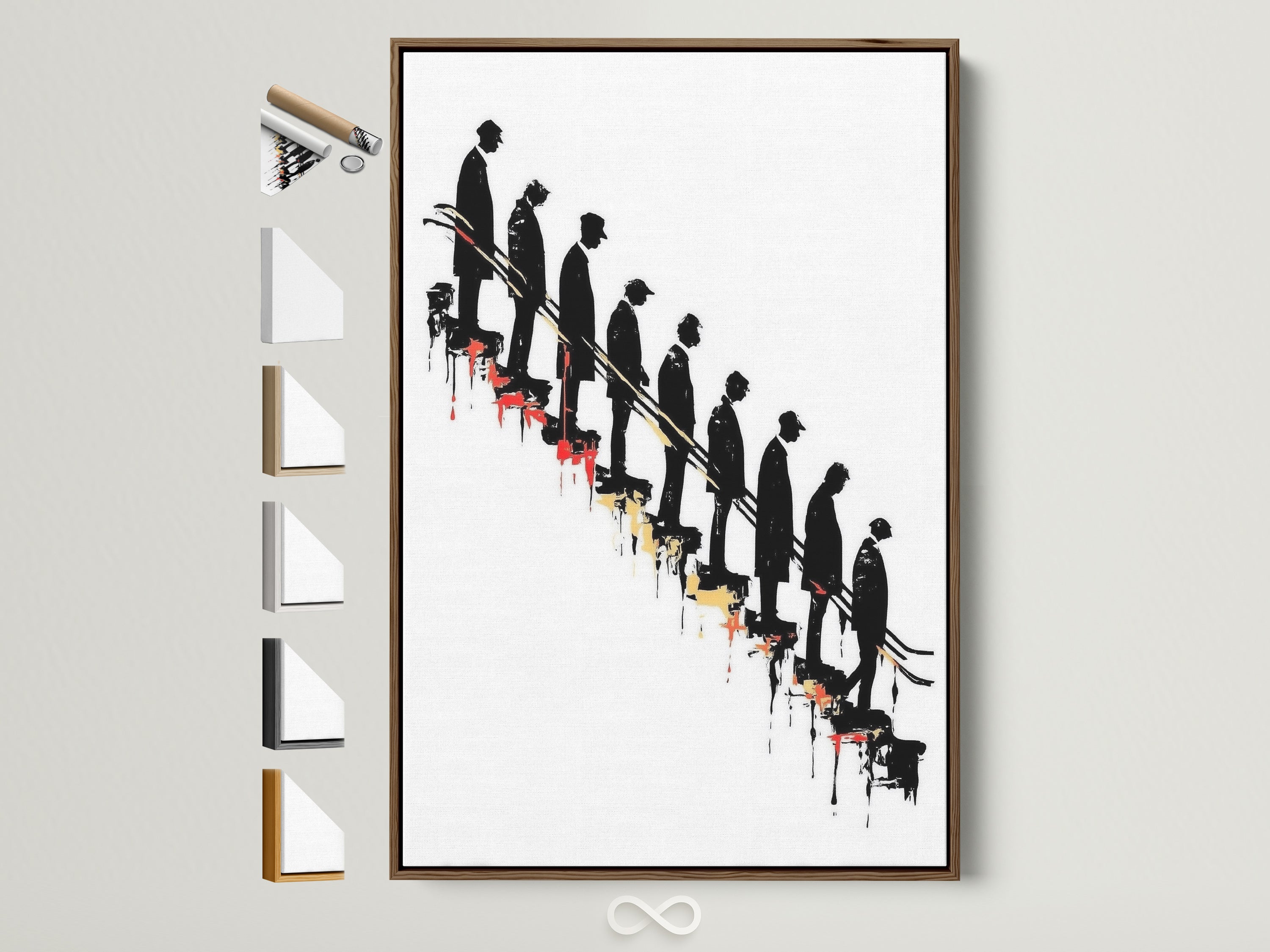 Conceptual artwork featuring descending figures on a stairway. The art print is displayed in a brown frame. Explore frame options for this modern art piece. Perfect as office wall decor or a unique gift for the thinker in your life. Discover minimalist decor with black and red art elements.