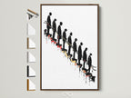 Conceptual artwork featuring descending figures on a stairway. The art print is displayed in a brown frame. Explore frame options for this modern art piece. Perfect as office wall decor or a unique gift for the thinker in your life. Discover minimalist decor with black and red art elements.