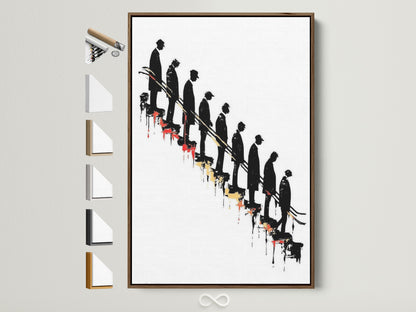 Conceptual artwork featuring descending figures on a stairway. The art print is displayed in a brown frame. Explore frame options for this modern art piece. Perfect as office wall decor or a unique gift for the thinker in your life. Discover minimalist decor with black and red art elements.