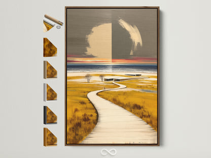 Coastal landscape art print in a brown frame. The artwork features a wooden boardwalk leading to the ocean. This modern nature painting adds a touch of coastal charm to any space. The frame is surrounded by other frame options.
