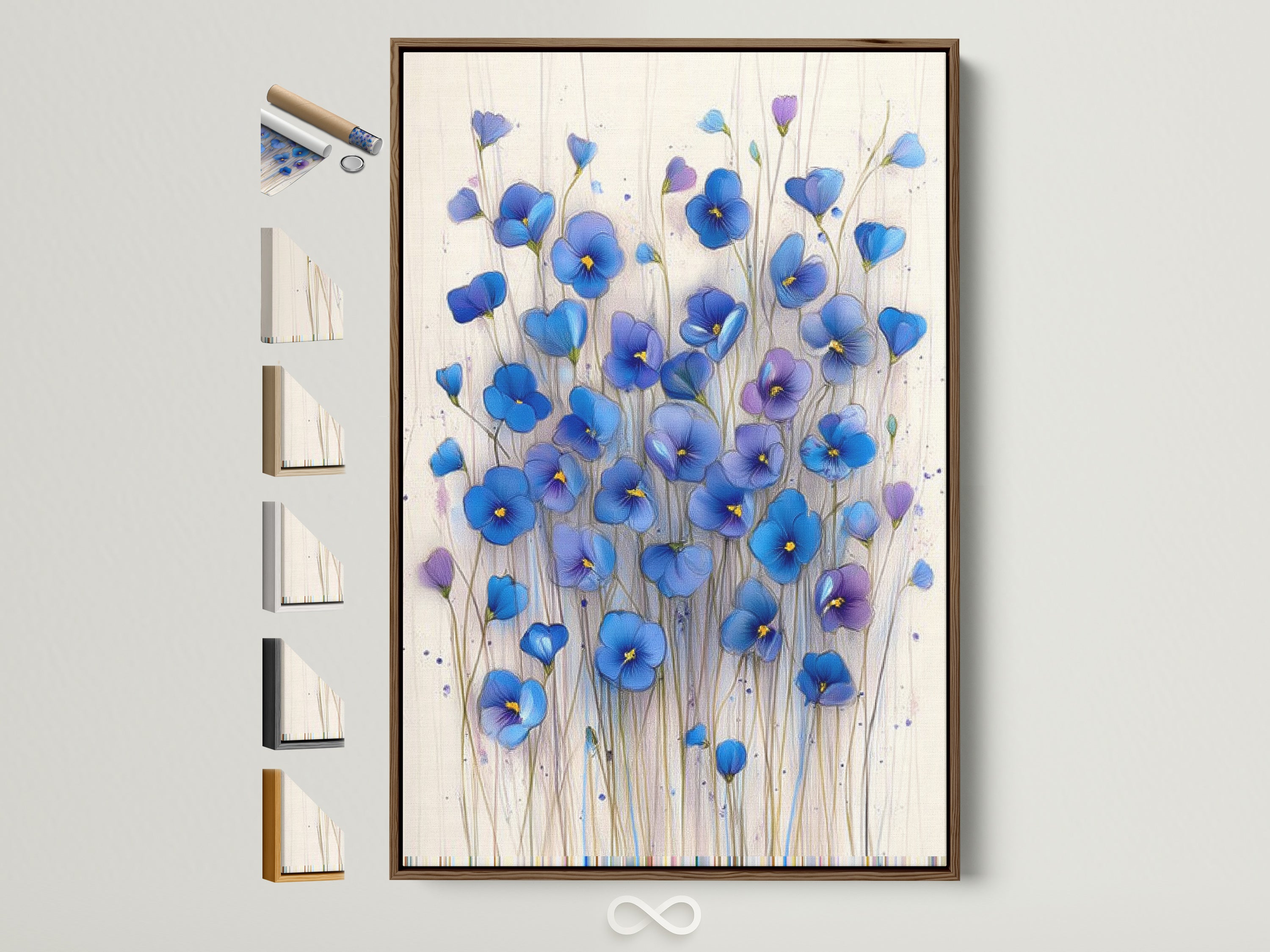Botanical wall art featuring blue floral artwork in a brown frame. The artwork is modern and perfect for a bedroom. Explore frame options for this flower artwork. Discover teal and indigo accents in this floral canvas.