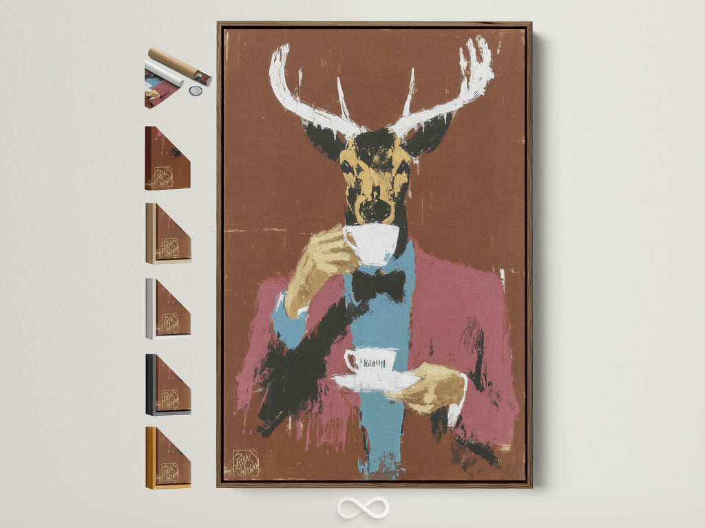 Brown frame displays Whimsical Animal Portrait artwork. This quirky home art features a deer gentleman enjoying tea. Ideal modern folk art print for office wall decor or eclectic home decor. Explore our animal portrait art collection. Perfect for contemporary art enthusiasts and unique wall art seekers.