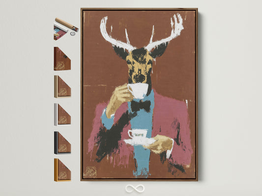 Brown frame displays Whimsical Animal Portrait artwork. This quirky home art features a deer gentleman enjoying tea. Ideal modern folk art print for office wall decor or eclectic home decor. Explore our animal portrait art collection. Perfect for contemporary art enthusiasts and unique wall art seekers.