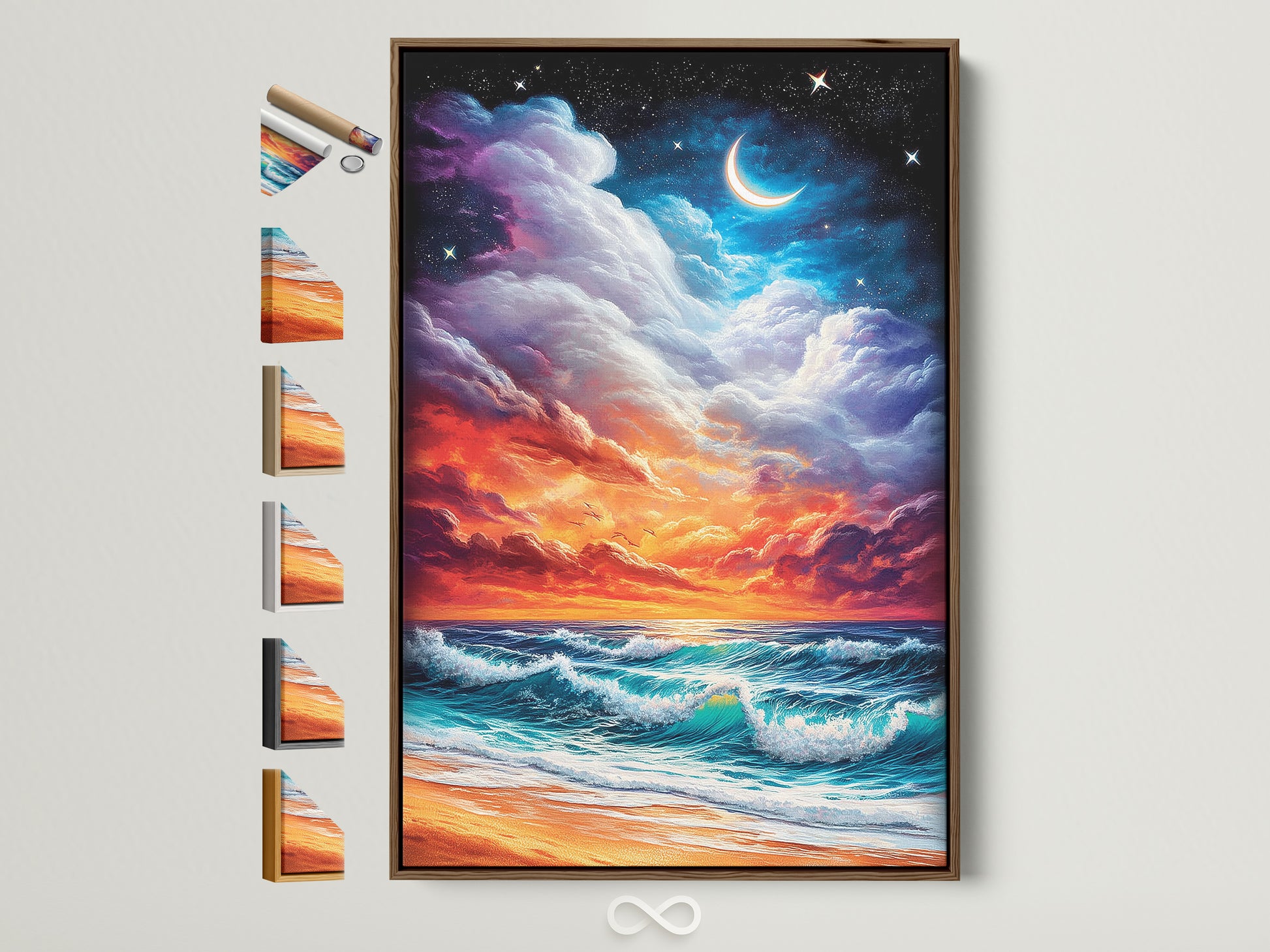 A dreamy ocean sunset art print in a brown frame. The coastal seascape wall art features a vibrant sunset over gentle waves. Perfect dreamy beach artwork for bedroom wall decor. Explore framed artwork options on the side.