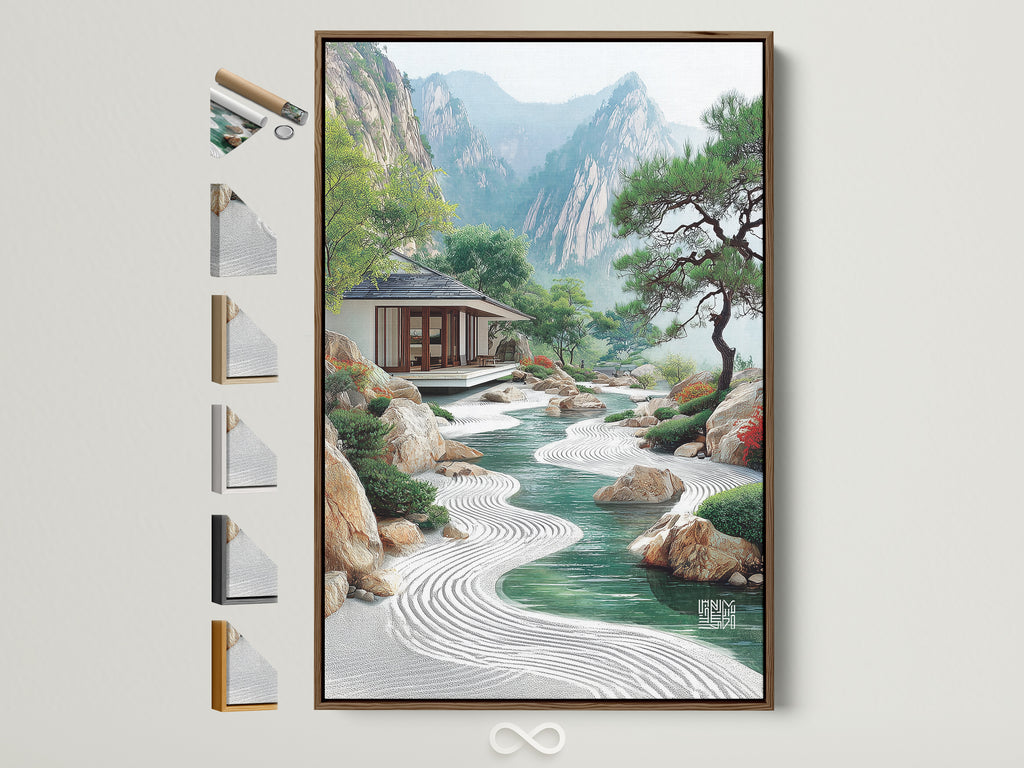 Japanese Zen Garden artwork in a brown frame. The serene mountain artwork is ideal for meditation rooms. See all frame options to find the perfect fit for your Asian landscape wall art. The contemporary style enhances any space. Bring peaceful scenery to your home or office.