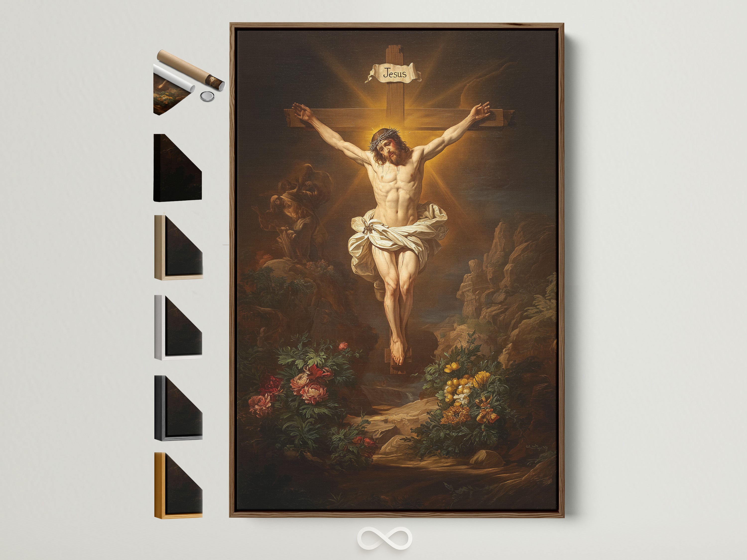 A brown frame displays art with various frame options beside it. Discover the perfect frame to complement your artwork. Explore our diverse range of styles and finishes. Find the ideal match for your aesthetic. Elevate your art with our framing solutions.