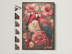 Tropical parrot artwork is displayed in a brown frame. All frame options are visible on the side. Perfect coastal wall art. Add a bohemian touch to your home. The artwork features pink coral floral bird design.