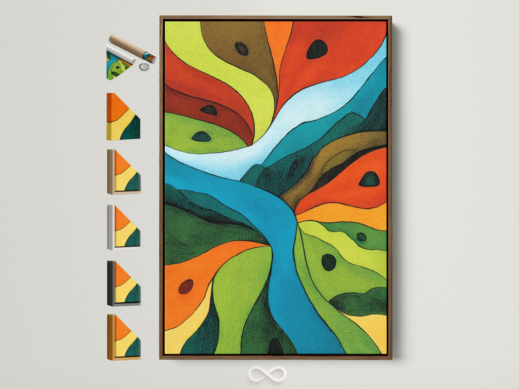 Artwork in a brown frame is displayed. See all our frame options. Find the perfect frame to complement your art. Our frames enhance any space in your home or office. Explore our variety of frame styles now.