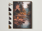 A framed nature artwork hangs on a white wall. The frame is brown. The artwork depicts a river flowing through a forest. Sunlight streams in. All frame options are displayed on the side. It shows available frame styles for canvas prints and posters.