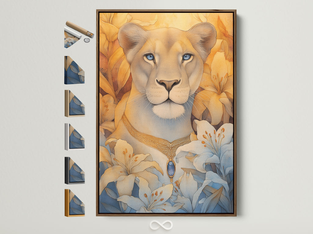 Lioness Portrait Canvas Art with Blue Eyes. A brown frame showcases all frame options. This floral wildlife art is perfect for bedroom wall decor. It adds contemporary style and feminine touch. Explore our big cat artwork today