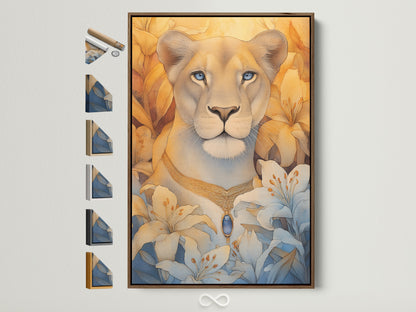 Lioness Portrait Canvas Art with Blue Eyes. A brown frame showcases all frame options. This floral wildlife art is perfect for bedroom wall decor. It adds contemporary style and feminine touch. Explore our big cat artwork today