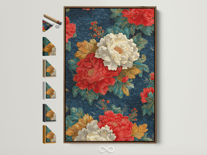 Navy blue peony Japanese floral canvas print with red and cream blossoms