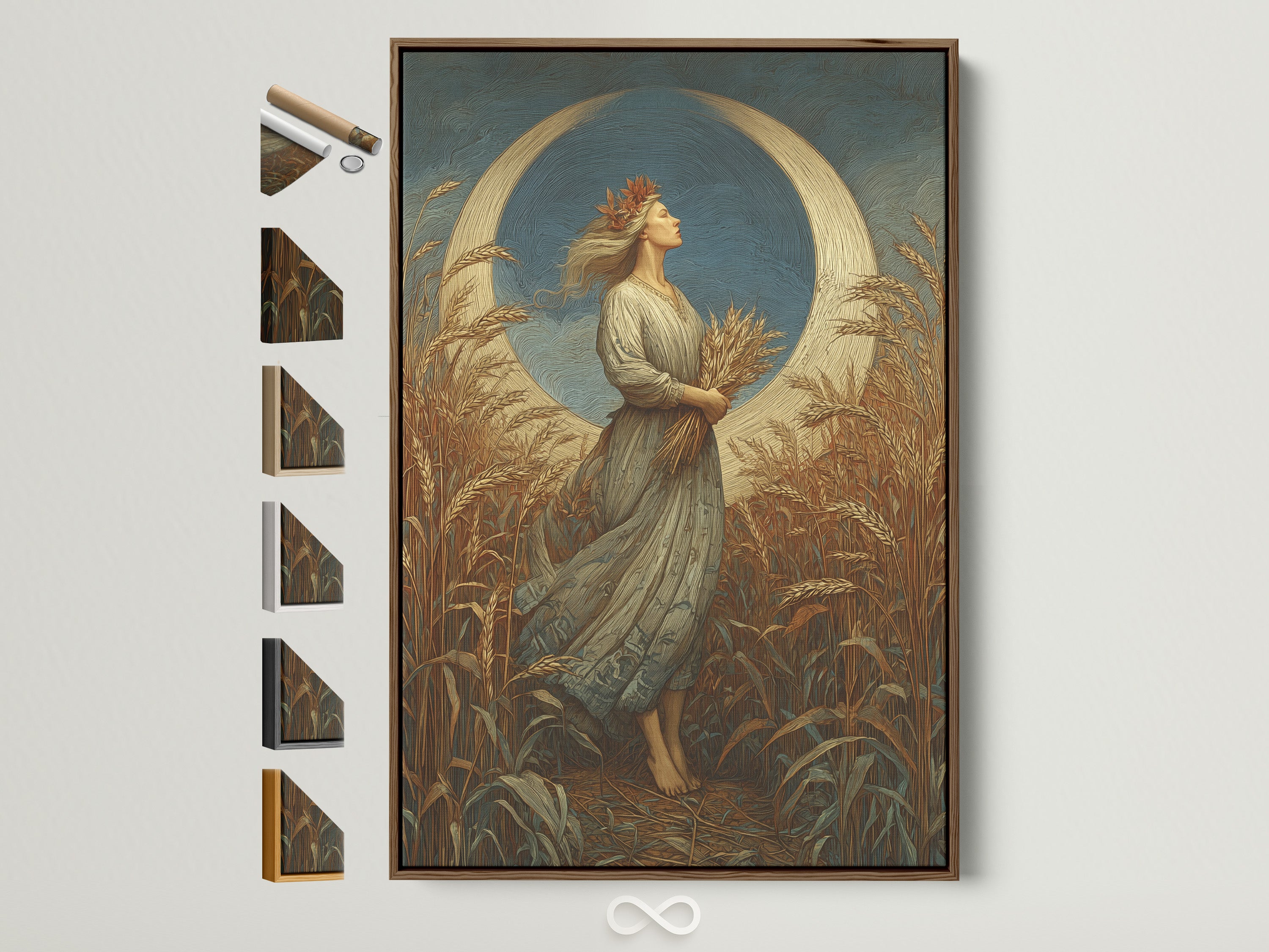 Explore framing options for your artwork. This photo showcases a brown frame. It is displayed alongside other frame choices. Find the perfect frame to complement your art. Enhance your living space with framed art.