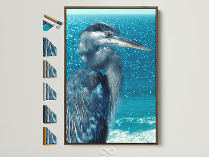 Explore framing options for heron canvas artwork. A brown frame surrounds coastal artwork. Additional frame styles are displayed. Find the perfect frame to complement your teal bird wall art and coastal decor.