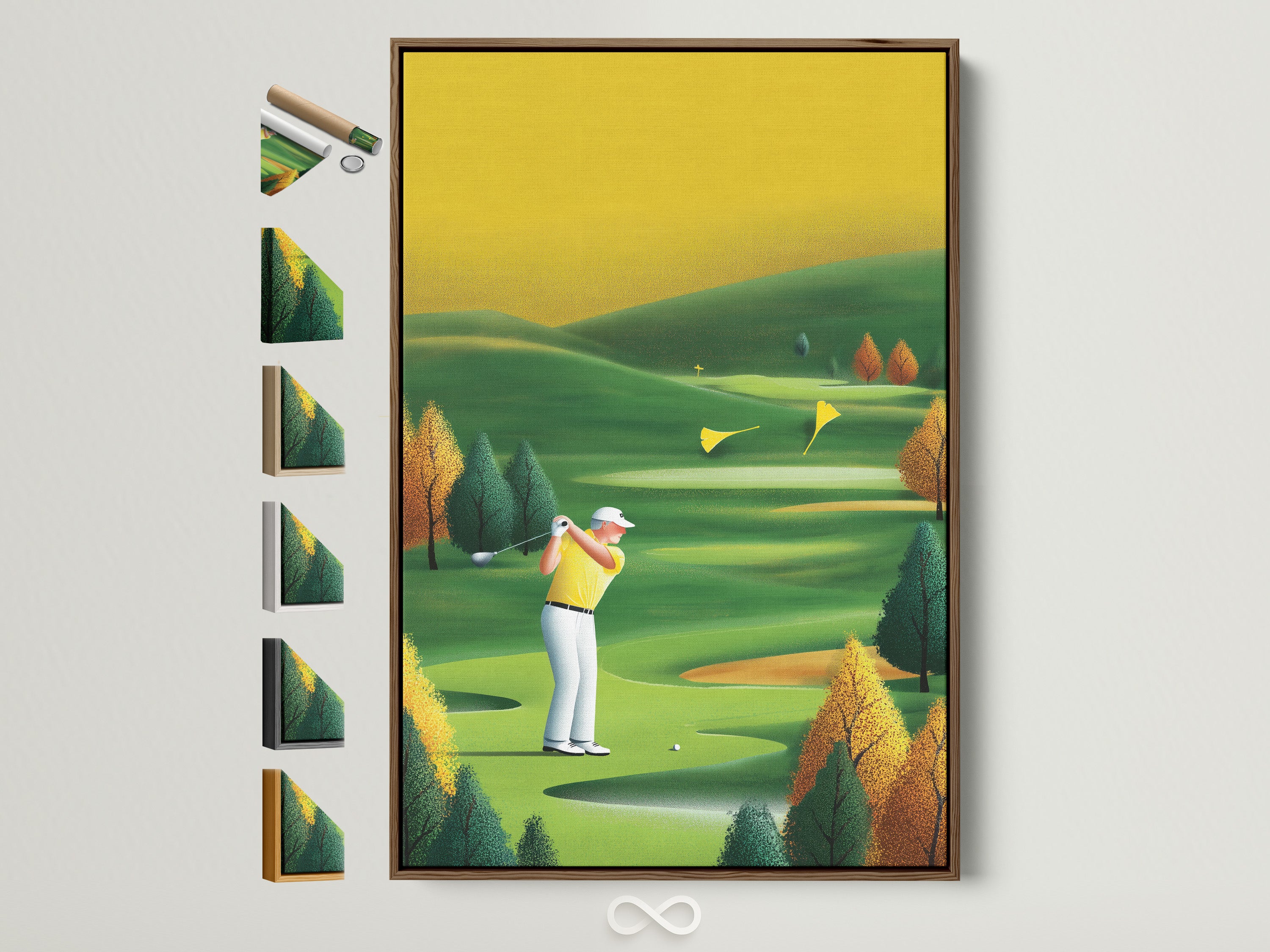 Vintage golf art print displayed in a brown frame. See all framing options. This golfer artwork adds a touch of mid-century style to any space. Perfect for sports art enthusiasts and golf lovers. Elevate your office or man cave decor with this golf course print.