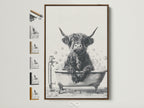 Highland Cow Canvas Print in a brown frame. This funny bathroom wall art features a farmhouse animal in a bathtub. A rustic home decor piece perfect for quirky bathroom artwork. See all frame options available.