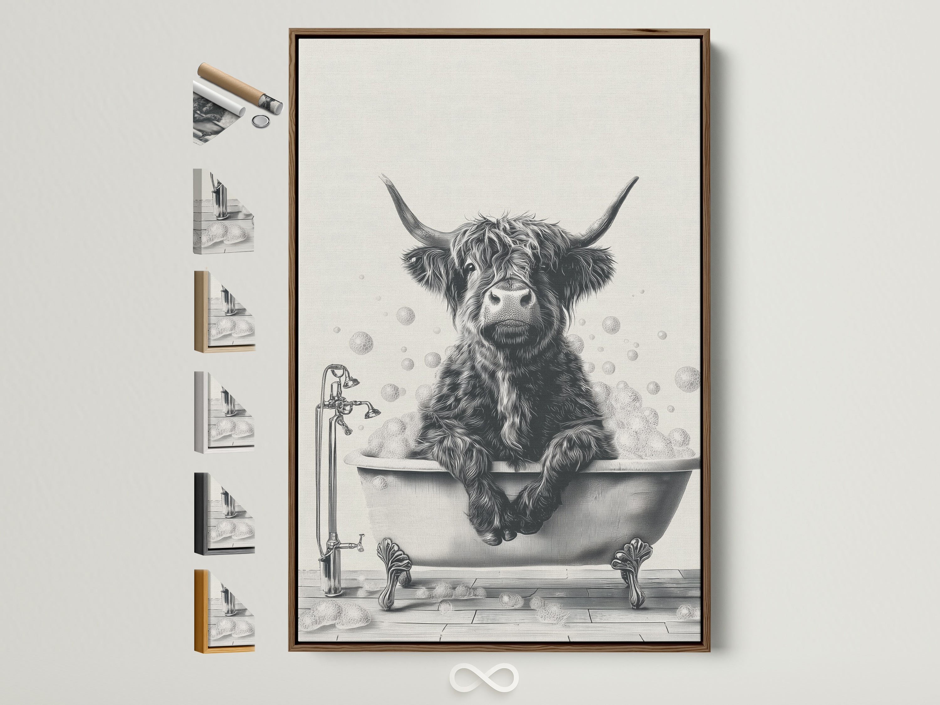 Highland Cow Canvas Print in a brown frame. This funny bathroom wall art features a farmhouse animal in a bathtub. A rustic home decor piece perfect for quirky bathroom artwork. See all frame options available.