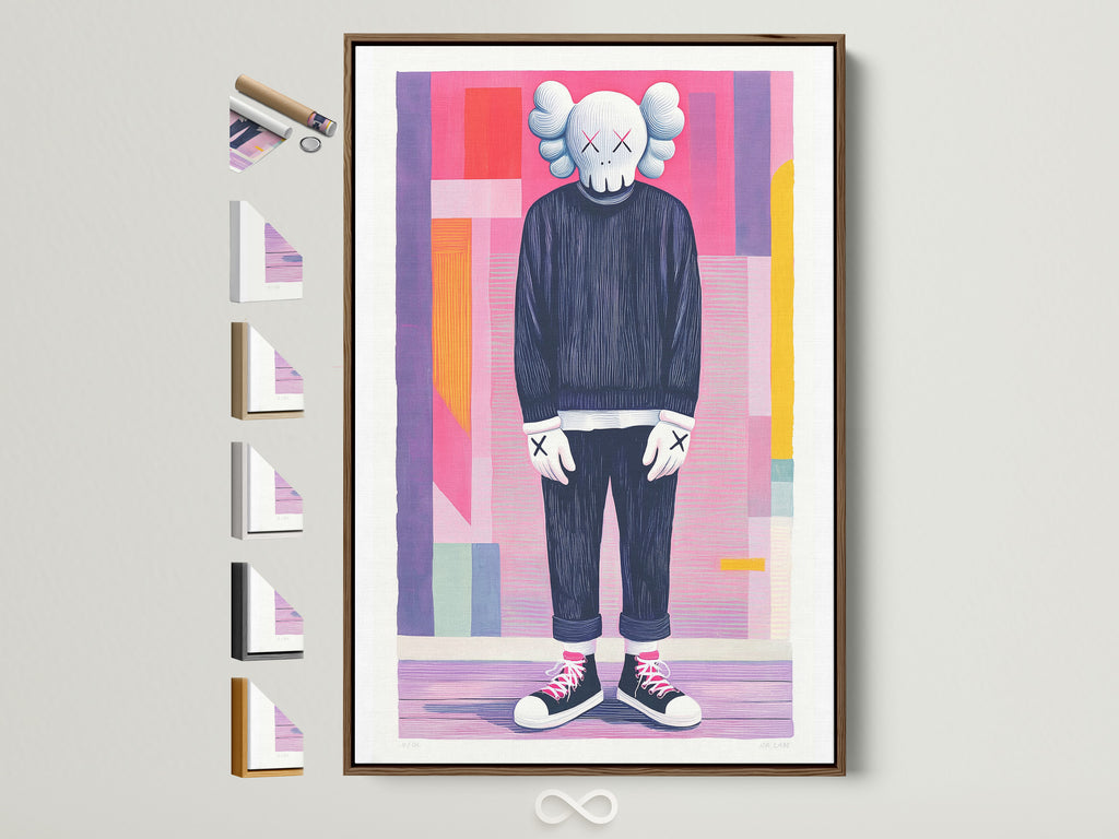 Framed artwork of a human-like figure with a skull head is mounted on a white wall. The frame is a light brown wood with a natural finish. Various frame options are displayed on the side. Find the perfect frame to complement your art. Enhance your space with unique wall decor.