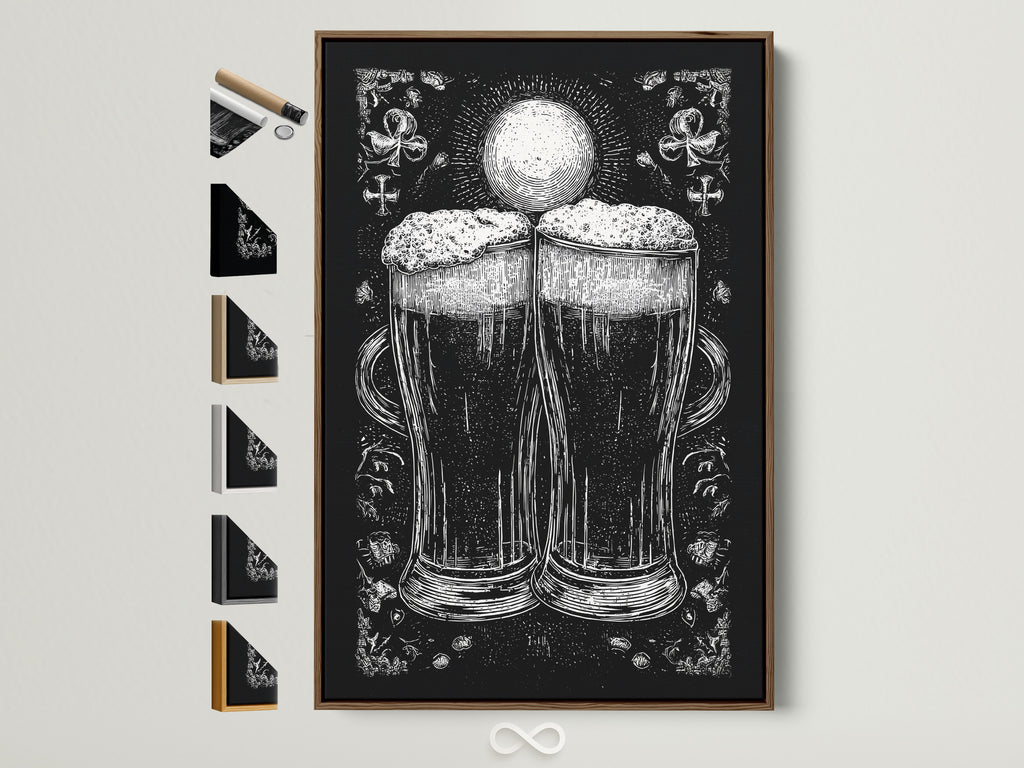 A framed artwork is on display. The art is in a brown frame. All frame options are visible on the side. The artwork features a monochromatic illustration of two beer glasses. The beer glasses are the focal point. The print adds a touch of elegance to any room.