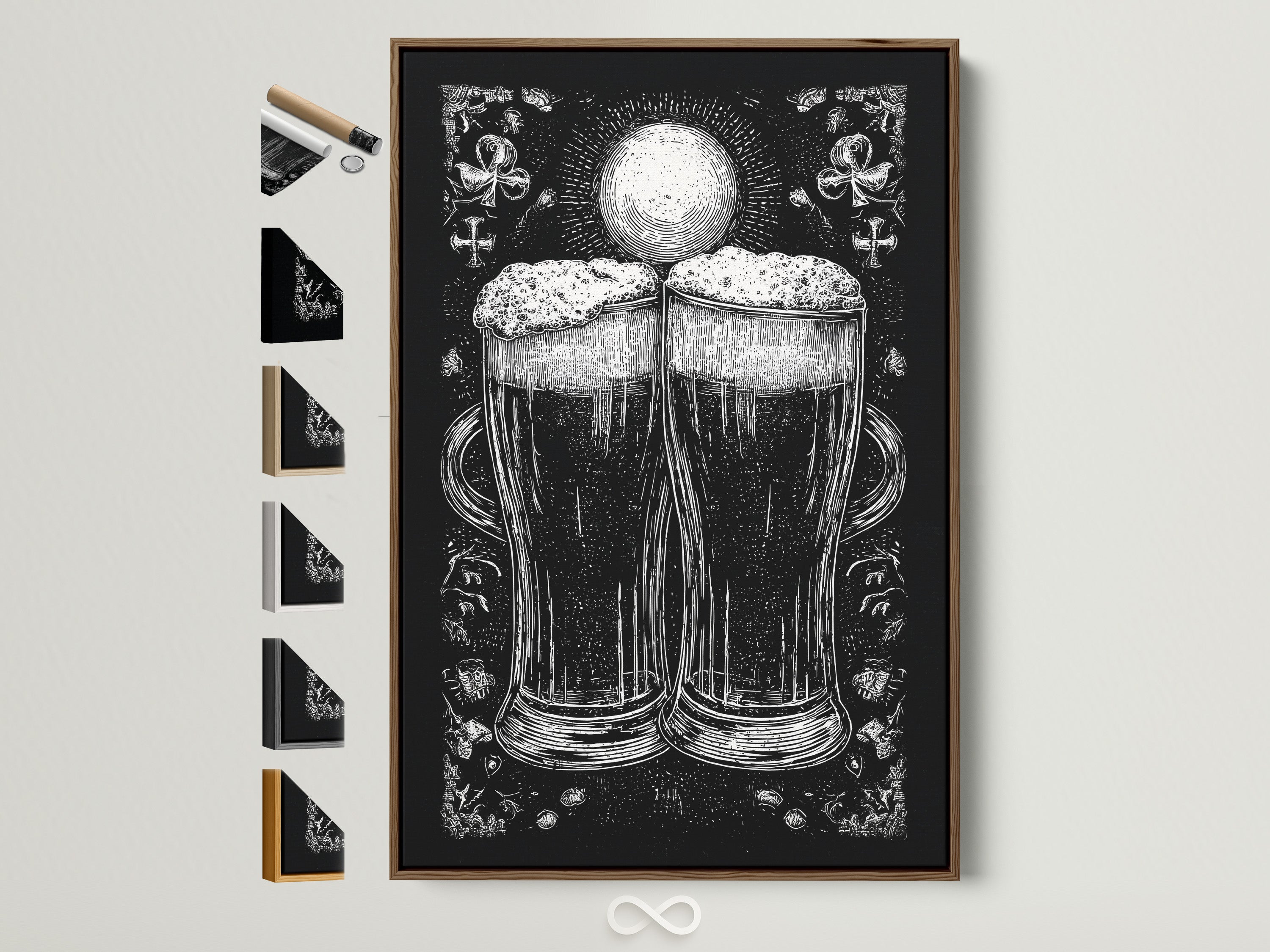 A framed artwork is on display. The art is in a brown frame. All frame options are visible on the side. The artwork features a monochromatic illustration of two beer glasses. The beer glasses are the focal point. The print adds a touch of elegance to any room.