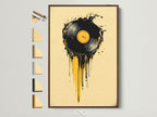 Artwork featuring a vinyl record with dripping paint in a brown frame. Explore framed art options to match your aesthetic. This art print is displayed with various frame styles. Find the perfect frame to complement your artwork and home decor.
