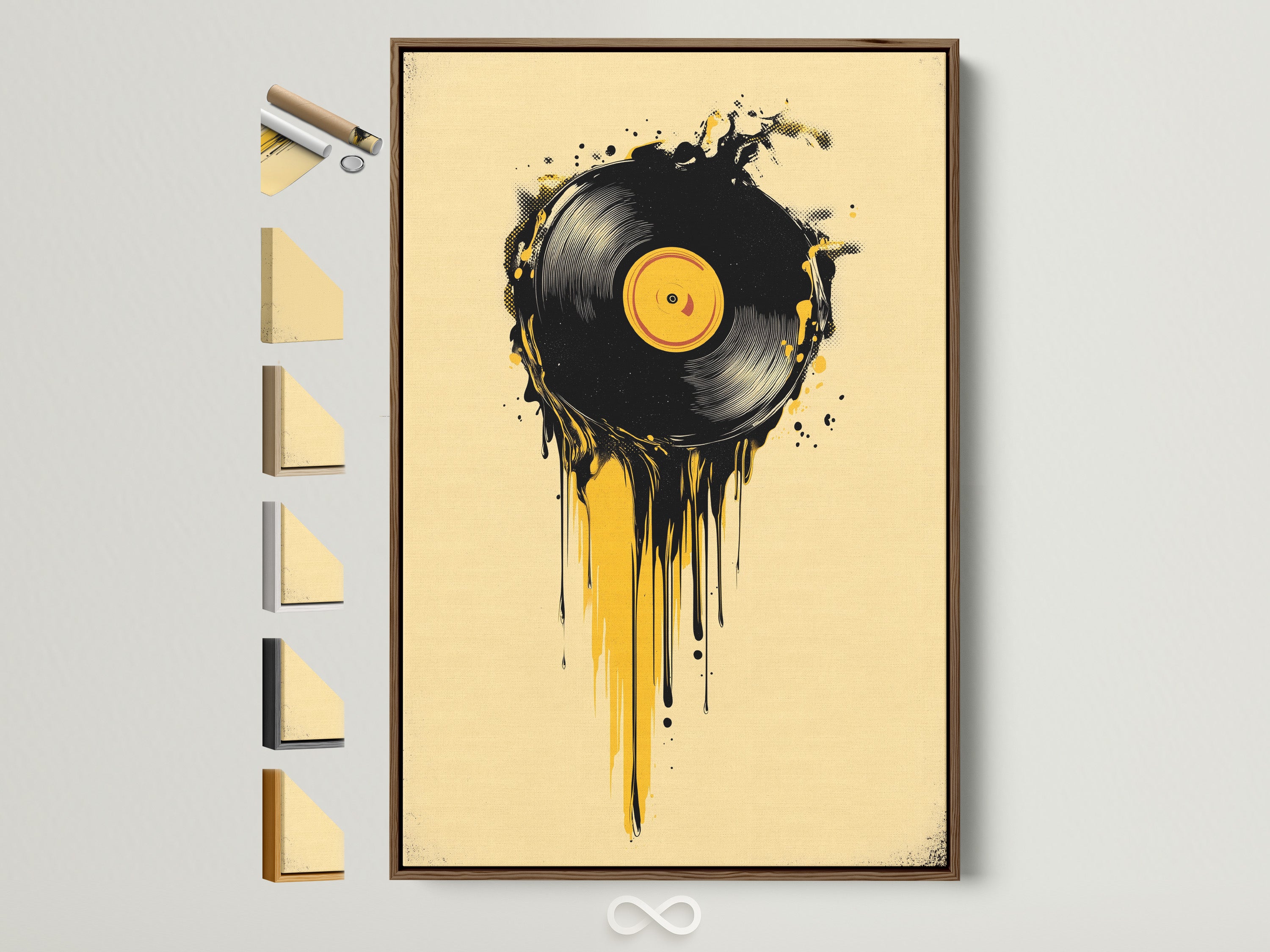 Artwork featuring a vinyl record with dripping paint in a brown frame. Explore framed art options to match your aesthetic. This art print is displayed with various frame styles. Find the perfect frame to complement your artwork and home decor.