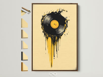 Artwork featuring a vinyl record with dripping paint in a brown frame. Explore framed art options to match your aesthetic. This art print is displayed with various frame styles. Find the perfect frame to complement your artwork and home decor.