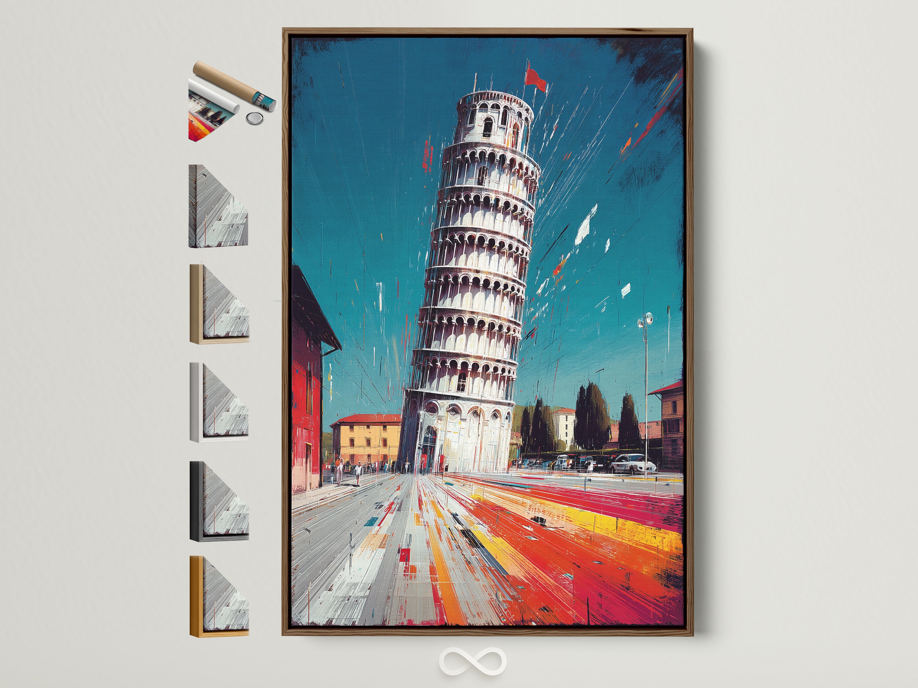 Explore our art frame options. See a brown frame displayed alongside examples in oak white black and gold. Perfect for Leaning Tower of Pisa artwork. Find the ideal frame to complement your contemporary art piece for your study room or office wall