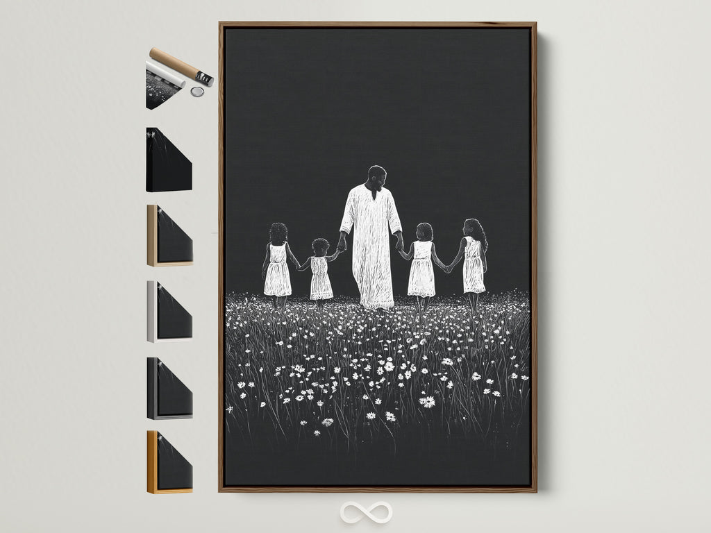 Artwork with a thin Brown frame. The art features a symbolic depiction. It shows a man holding hands with children in a field of flowers. This art piece is framed in a simple thin Brown frame. All frame options are available and visible on the side.