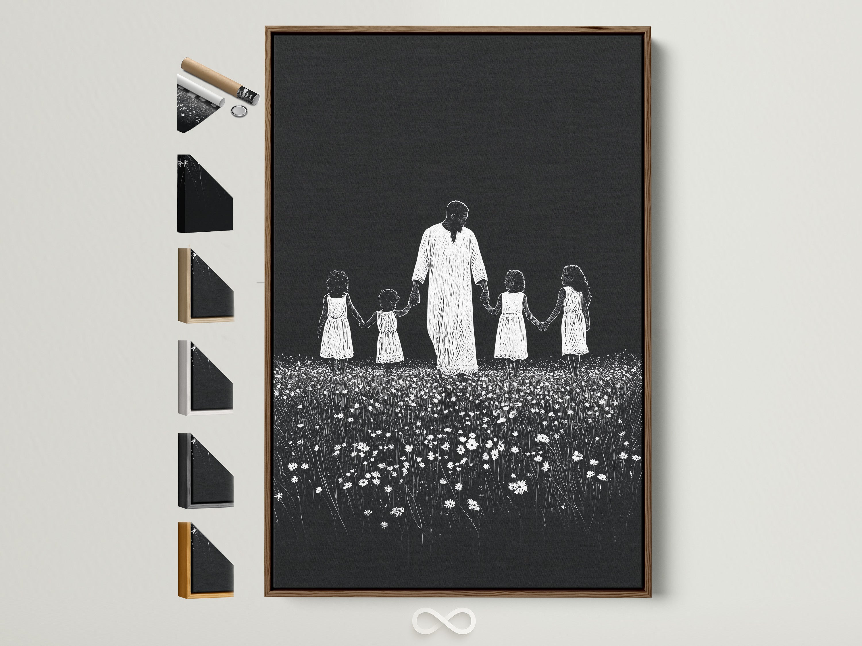 Artwork with a thin Brown frame. The art features a symbolic depiction. It shows a man holding hands with children in a field of flowers. This art piece is framed in a simple thin Brown frame. All frame options are available and visible on the side.