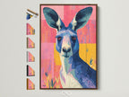 Artwork of a kangaroo in a brown frame is displayed. The artwork has a modern style. All frame options are visible on the side. Perfect for any room in your house.