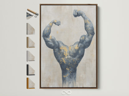 Framed bodybuilder art with gold accents. The gray muscle canvas features a brown frame. See the frame options available. Perfect gym wall art or fitness decor for modern minimalist spaces.