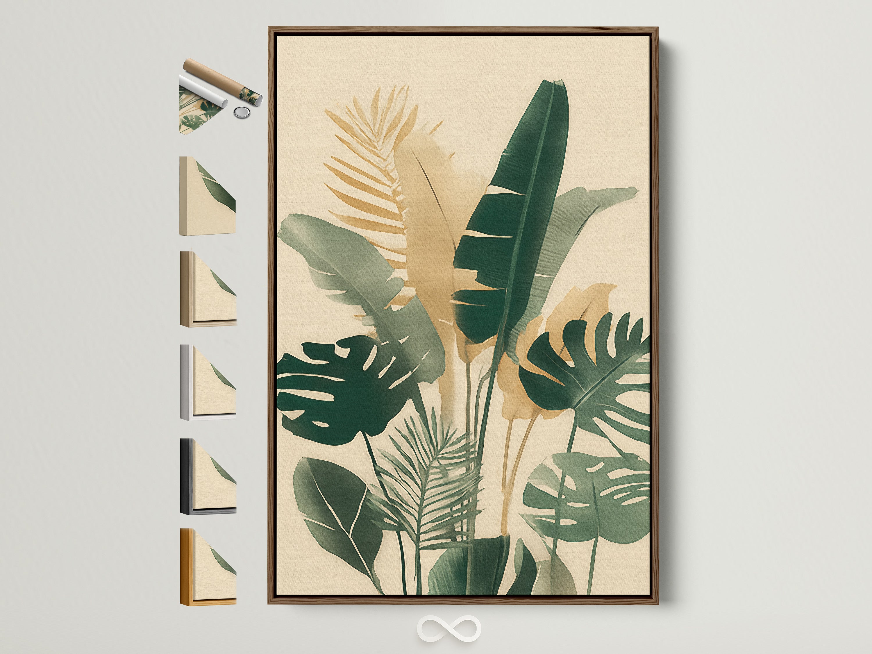 Artwork featuring various frame options. See the brown frame with a botanical illustration. The frame is displayed with other frame choices. Discover the perfect frame to complement your art. Find the ideal frame for your space.
