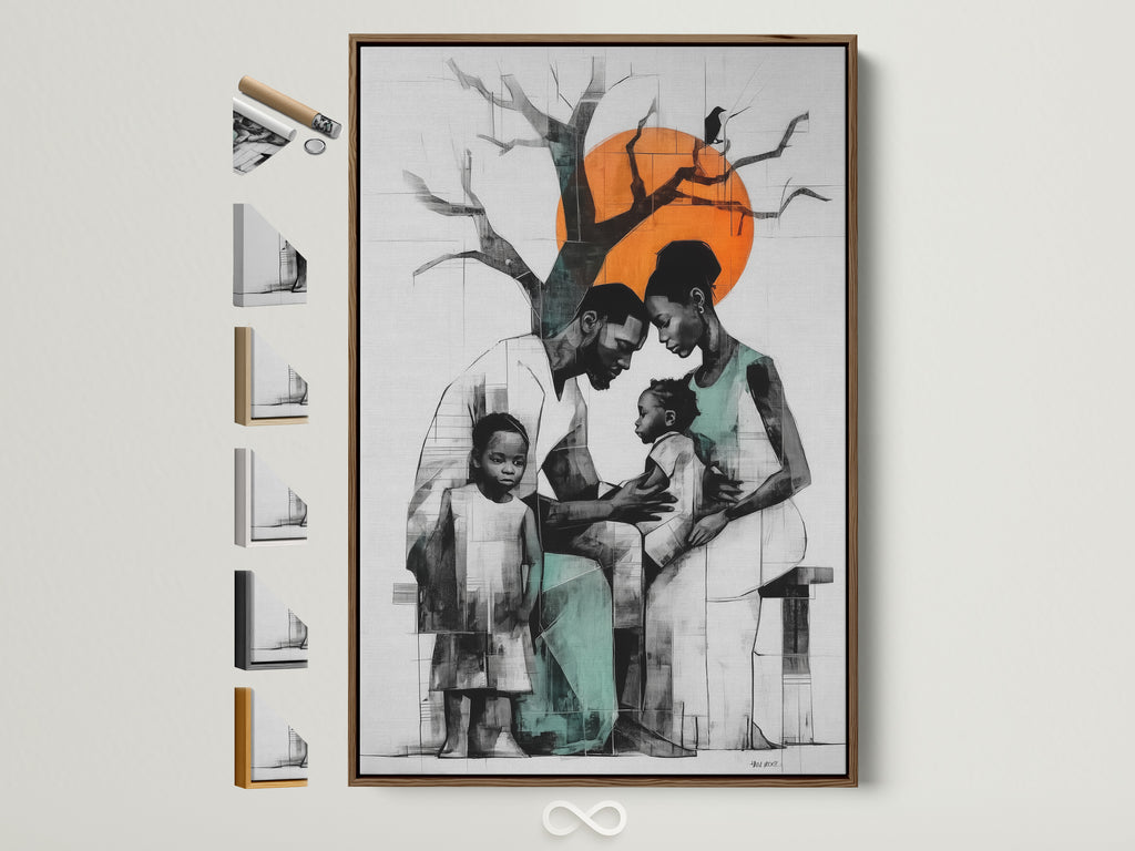 Modern teal and orange family artwork in a brown frame is displayed. The wall art adds an elevated feel to any minimalist or contemporary style. See all frame options available for this African American wall art. Perfect for living rooms bedrooms and hallways.