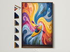 Kayaking abstract river wall art framed in brown. See all frame options available. This colorful adventure artwork brings a vibrant touch to any home decor. Perfect for kayakers and outdoor enthusiasts seeking unique wall art.