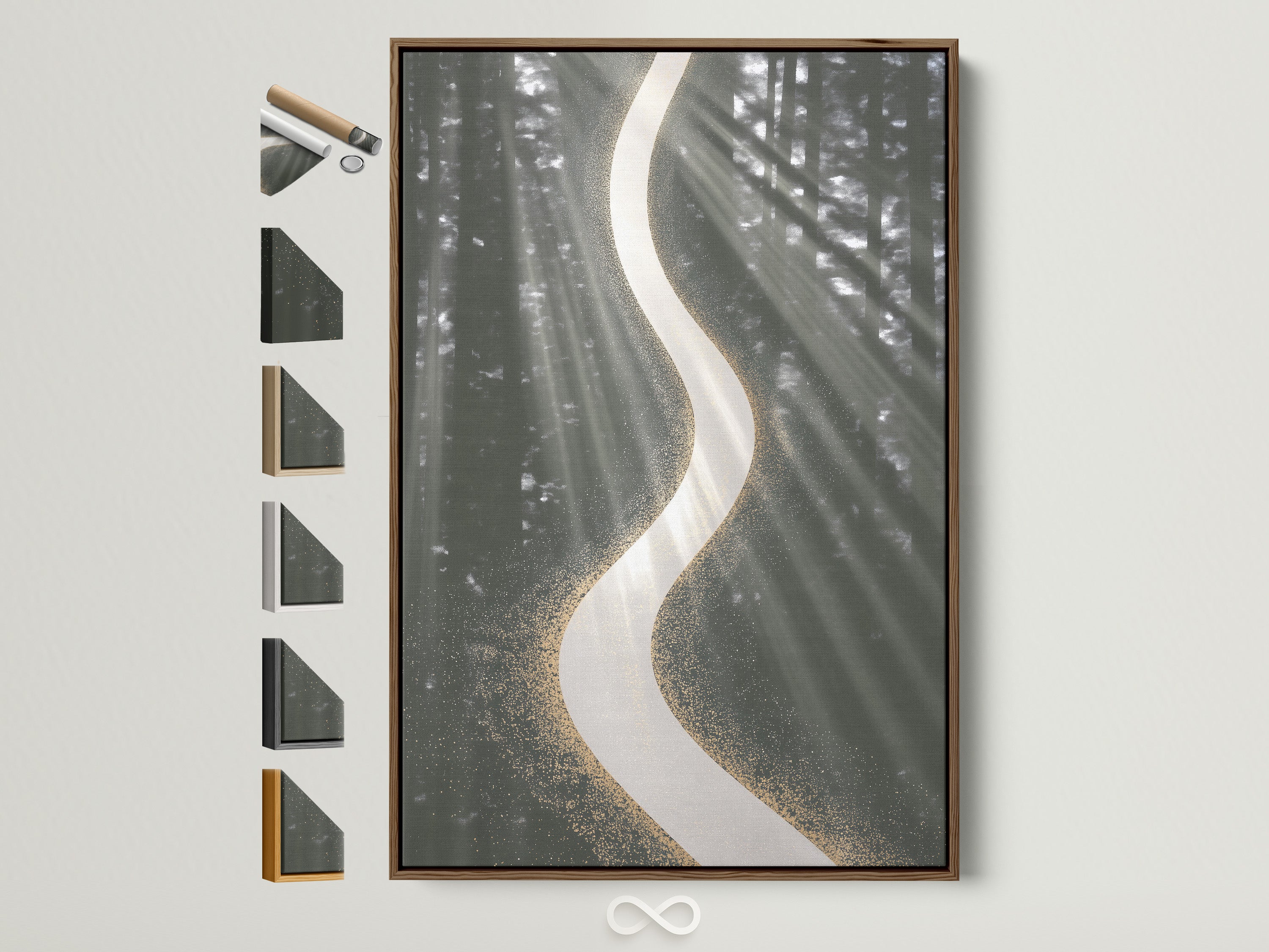 Elevate your space with abstract river art. The Sage Green Gold Wall Art offers a modern fluid art aesthetic. This contemporary artwork is showcased in a warm brown frame. All frame options are displayed for comparison. Perfect for minimalist Scandinavian or contemporary styles