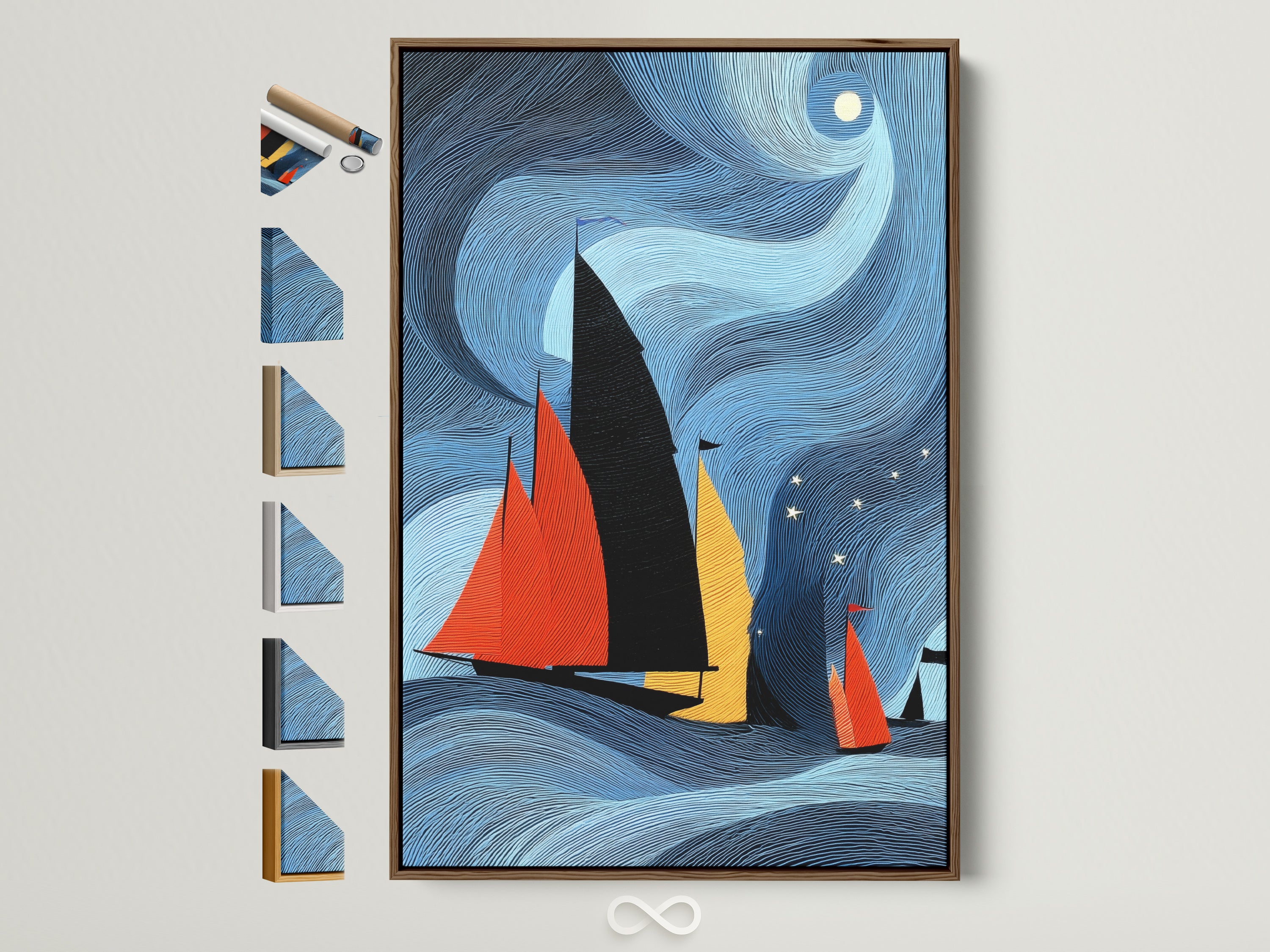 Sailboat canvas artwork in a brown frame. The artwork features red black and yellow sailboats on a blue sea under a starry sky. Frame options are displayed showcasing the variety of choices available for this nautical themed art.