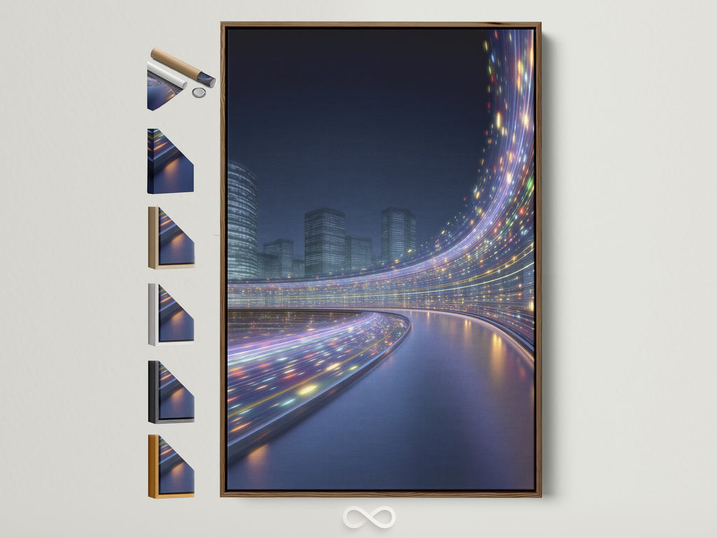 Futuristic cityscape artwork is displayed in a brown frame. The artwork features a modern urban scene with digital city lights. This contemporary wall art adds a touch of sophistication to any room. It also shows all the frame options available for purchase.