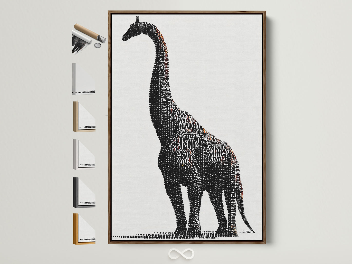 A Brontosaurus word art canvas print hangs on a wall in a brown frame. The artwork is black and white. It is a modern kids room wall decor piece for a nursery or playroom. All available frame options are displayed. It offers a glimpse of the variety available to match any room's aesthetic.