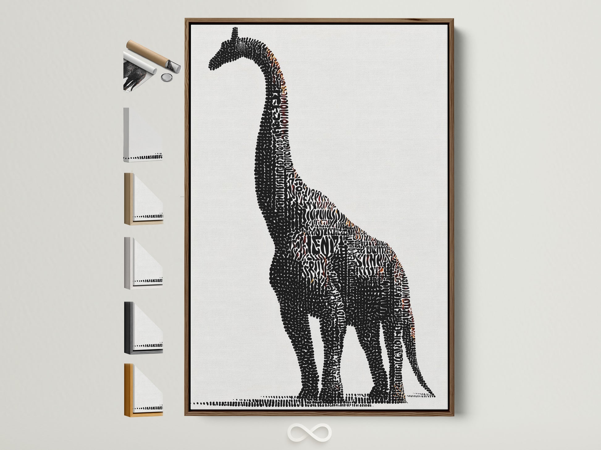 A Brontosaurus word art canvas print hangs on a wall in a brown frame. The artwork is black and white. It is a modern kids room wall decor piece for a nursery or playroom. All available frame options are displayed. It offers a glimpse of the variety available to match any room's aesthetic.