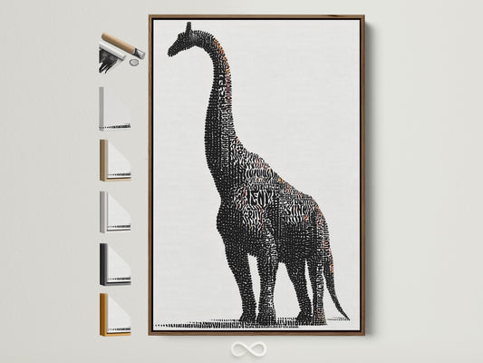 A Brontosaurus word art canvas print hangs on a wall in a brown frame. The artwork is black and white. It is a modern kids room wall decor piece for a nursery or playroom. All available frame options are displayed. It offers a glimpse of the variety available to match any room's aesthetic.