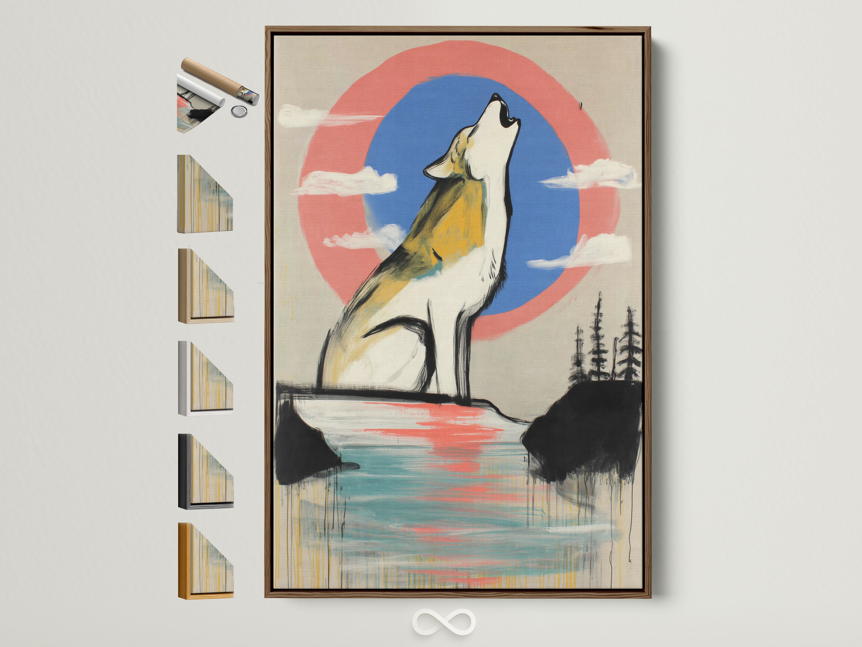 A brown frame displays a wolf artwork. This piece features a howling wolf against a coral blue sky. See frame options. Perfect modern wildlife wall art for bedrooms or living rooms. Shop now for unique nature decor. Add wilderness charm to your space. Great for cabin owners and stylists.