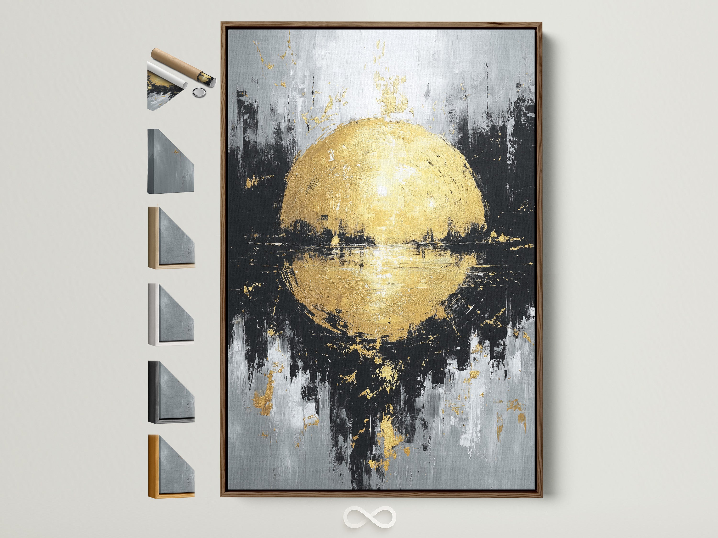 Artwork in a brown frame is displayed with frame options beside it. Explore our diverse range of frame styles. Find the perfect match for your artwork. Our collection includes various colors and materials.