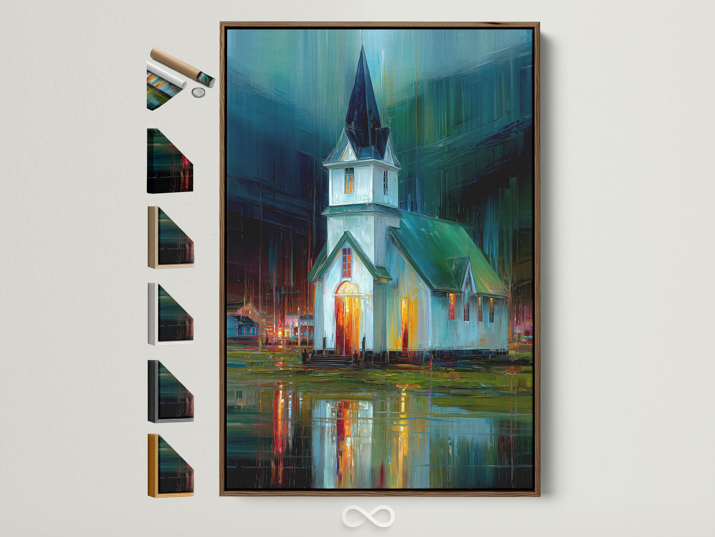 Explore frame options for the Church at Night Canvas Print. See the brown frame displayed alongside other available frame styles. Find the perfect frame to complement your religious artwork and office decor. This impressionist teal and orange wall art adds a touch of modern style to any space.