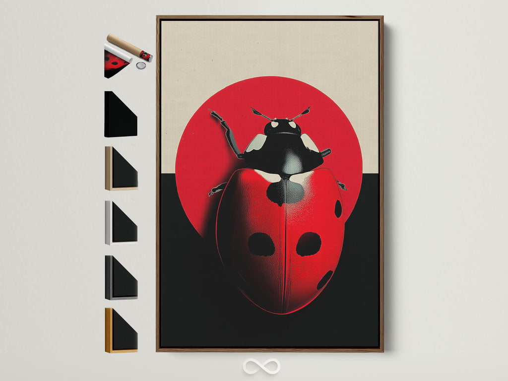 A ladybug art print is displayed in a brown frame. It shows all available frame options. The print features a vibrant red insect against a minimalist background. This artwork is perfect for a kids room or nursery. Consider this beetle canvas print for unique wall art.